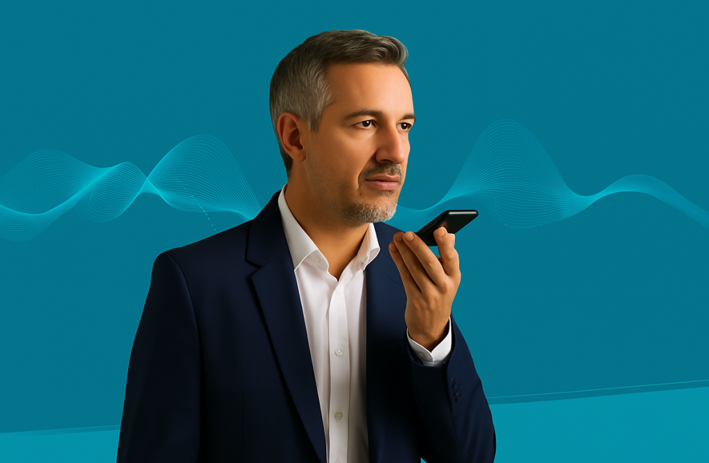 Middle-aged man speaking into smartphone for voice search concept