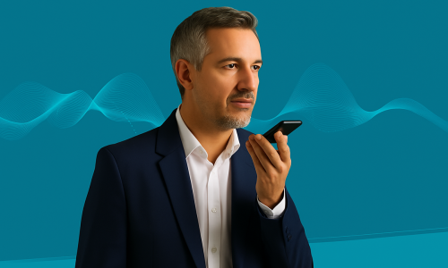 Middle-aged man speaking into smartphone for voice search concept